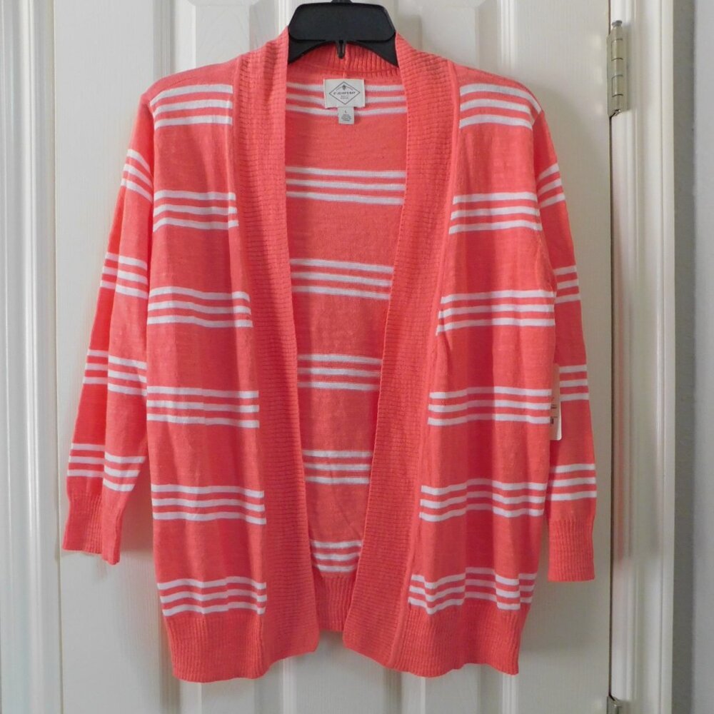 ST. JOHN’S BAY Womens Striped Open Front Cardigan Sweater 3/4 Sleeve Large